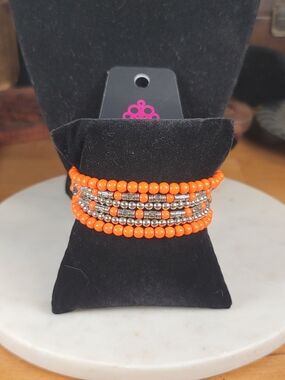 Beaded Stretch Bracelet - Orange and Silver Women’s Bracelet